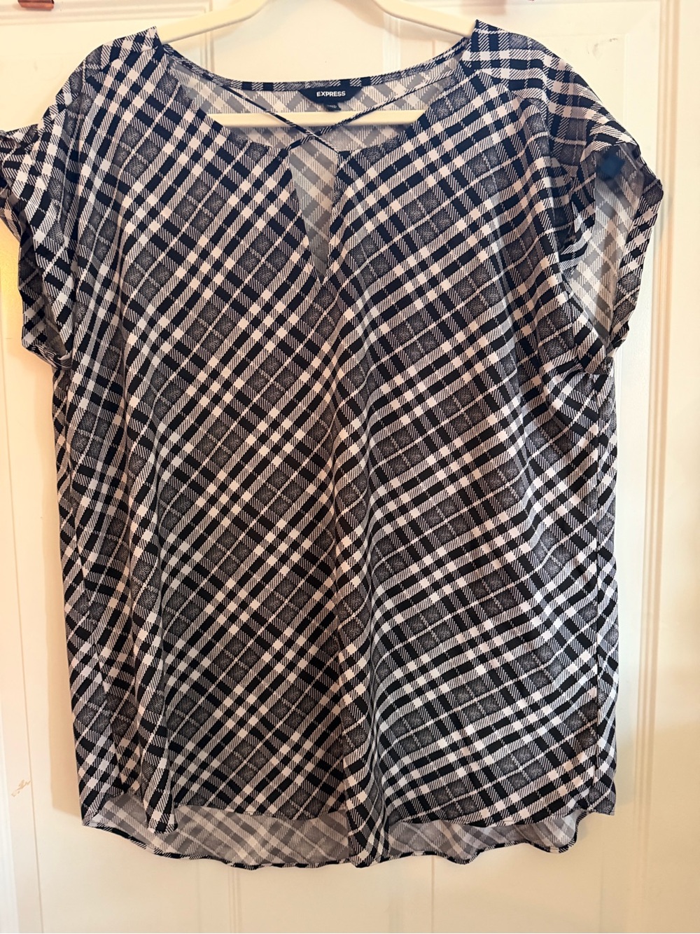 Express Black and White Plaid Flutter Sleeve Top